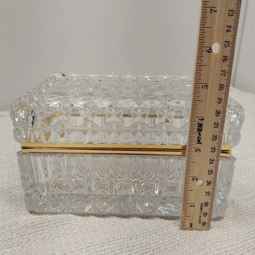 Vintage French Cut Lead Crystal Brass Vanity Jewelry Trinket Casket Box Hand Cut